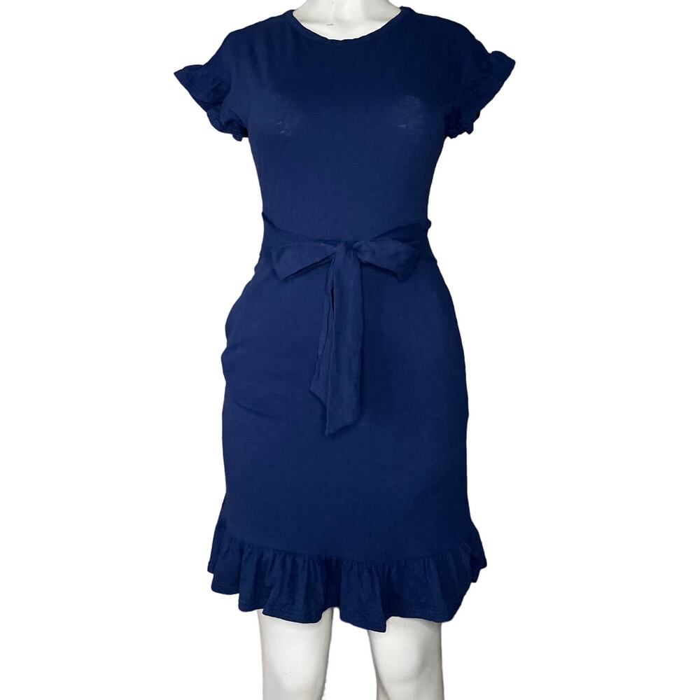 ModCloth Gam Goings Knit Dress Short Sleeve Ruffle Trim Blue SZ Small